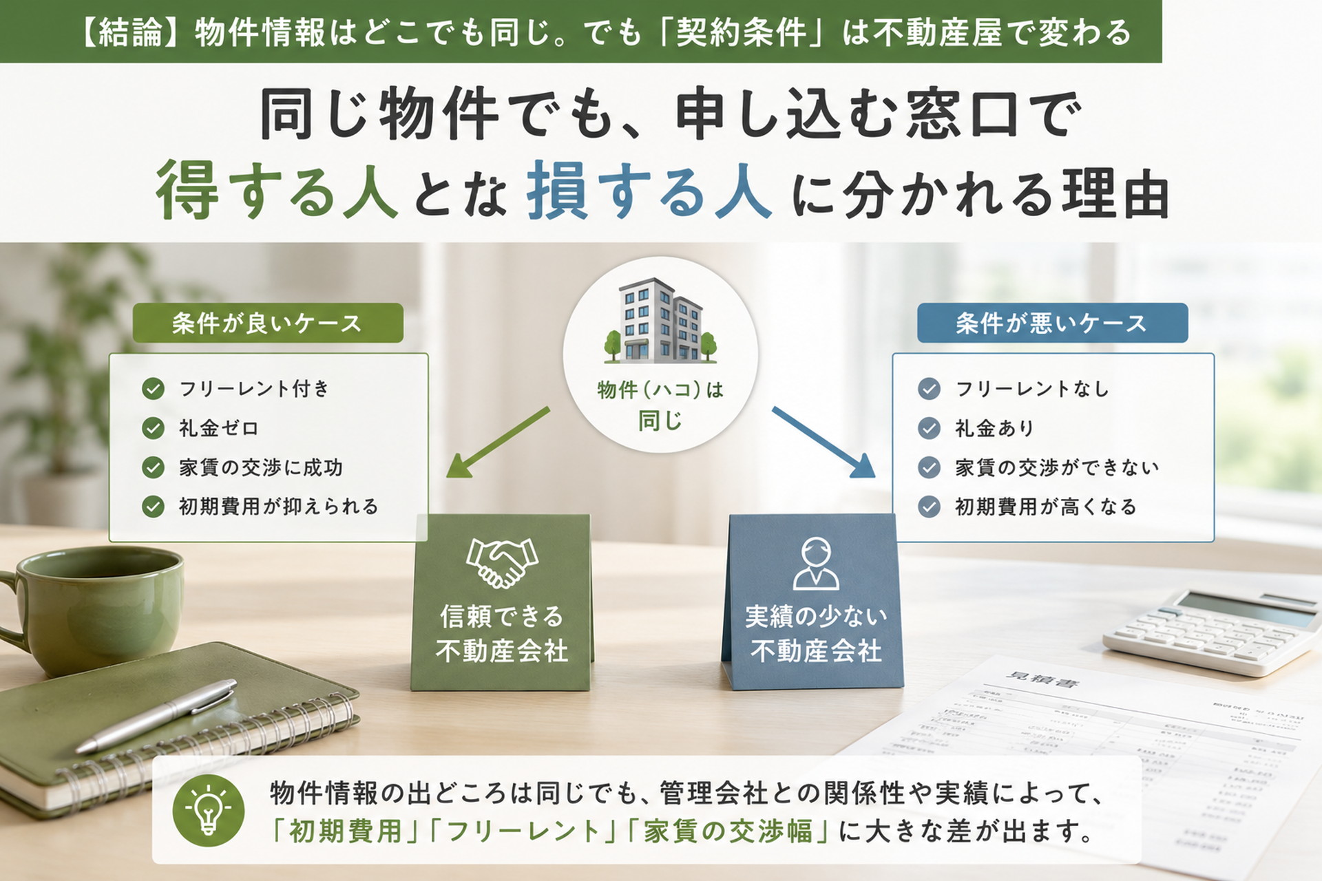 同じ賃貸物件でも不動産会社によって初期費用やフリーレントなどの契約条件に差が出ることを示した図解