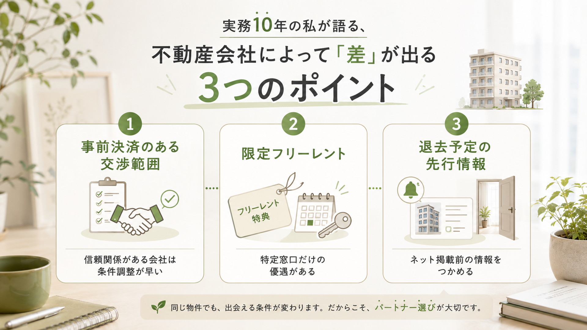 賃貸仲介で差が出る事前決済の交渉範囲、限定フリーレント、退去予定の先行情報の3点をまとめた図解