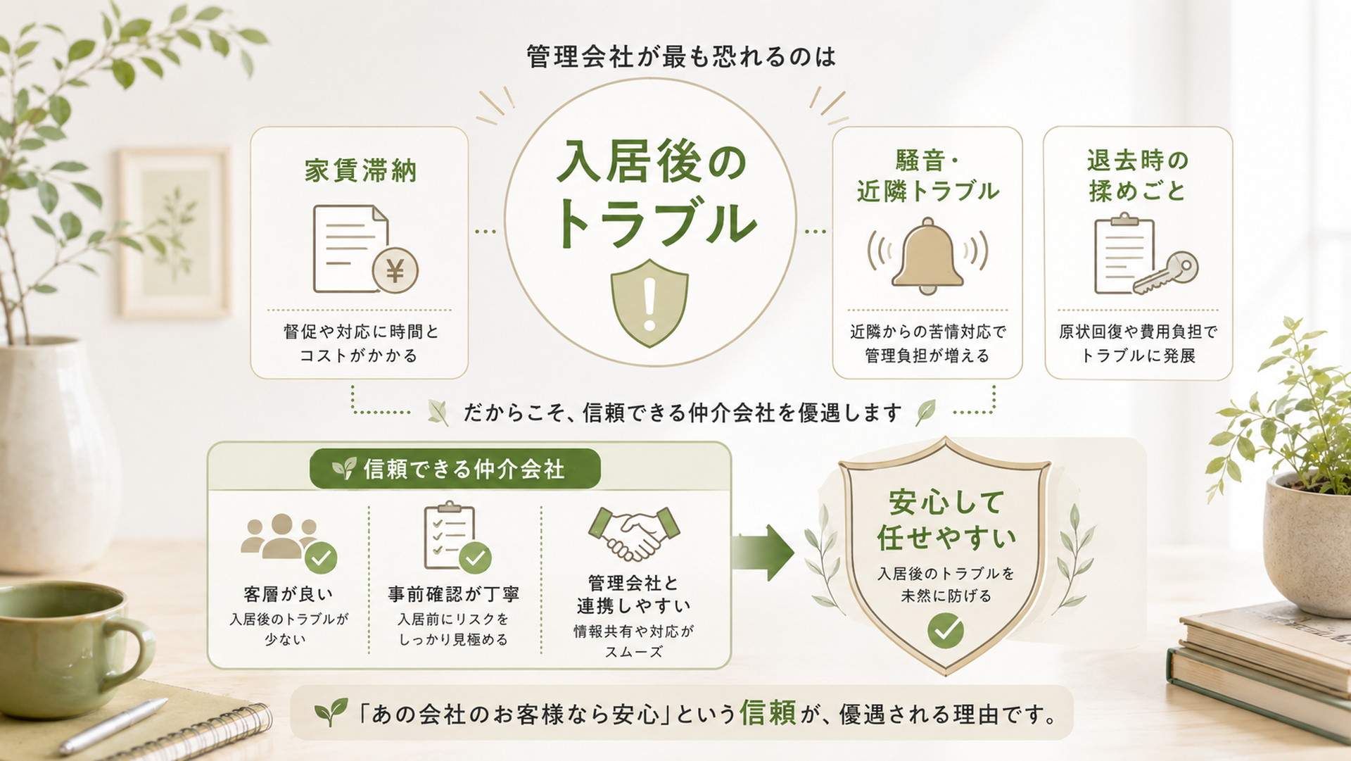 管理会社が入居後トラブルを避けるため信頼できる仲介会社を優遇する理由を説明した図解