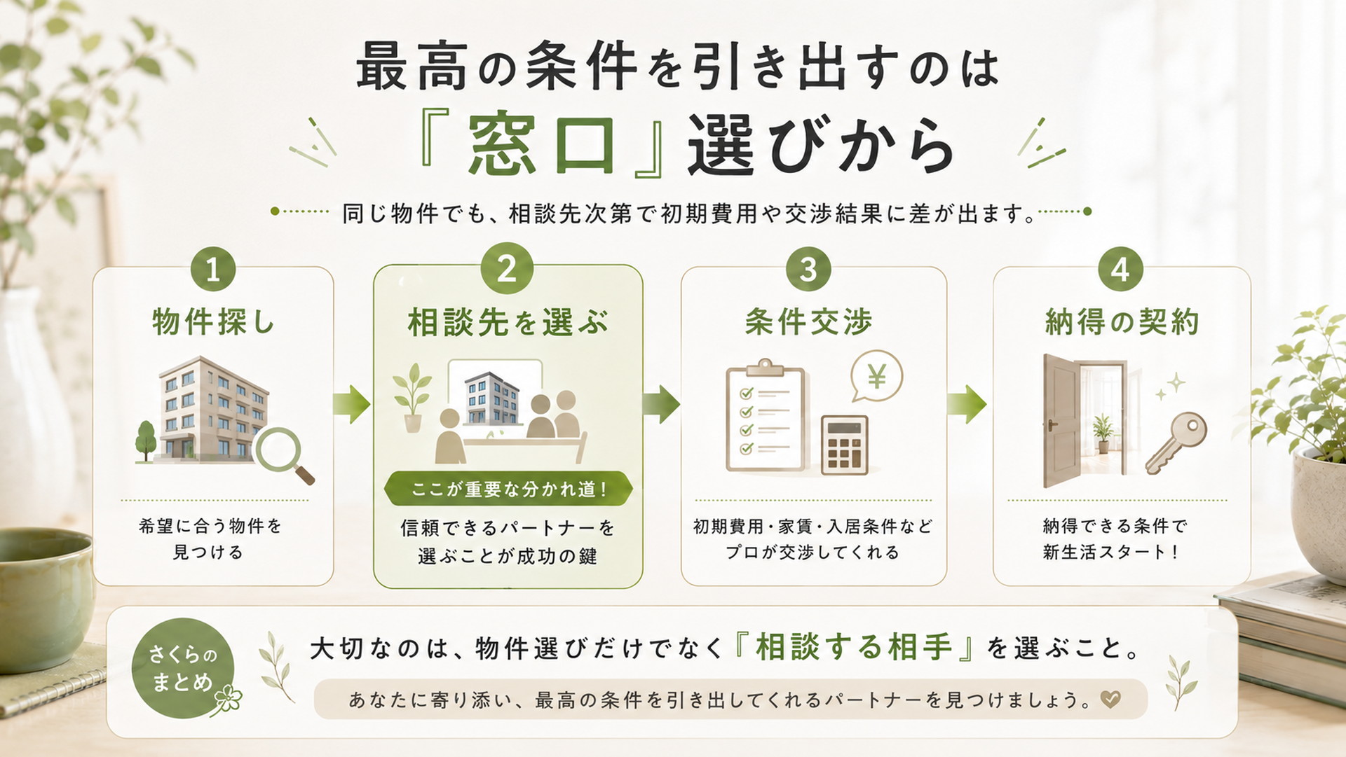 賃貸物件探しから相談先選び、条件交渉、納得の契約までの流れを示したまとめ図解