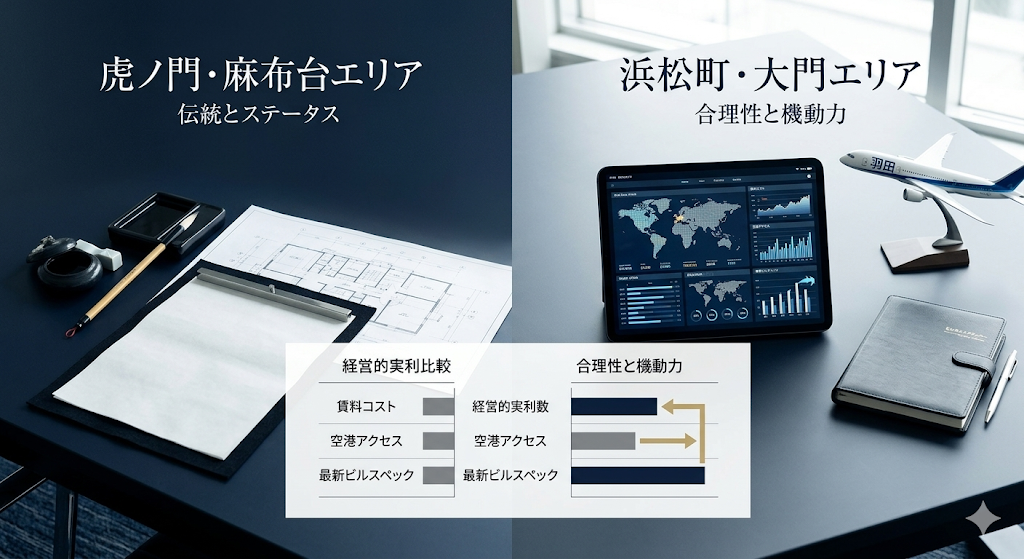 【誠実な比較】虎ノ門・麻布台エリアの「ブランド力・ステータス(伝統的な書状)」と、浜松町・大門エリアの「合理性・機動力(デジタルタブレットと羽田模型)」を象徴的に比較したフォトリアルな画像。