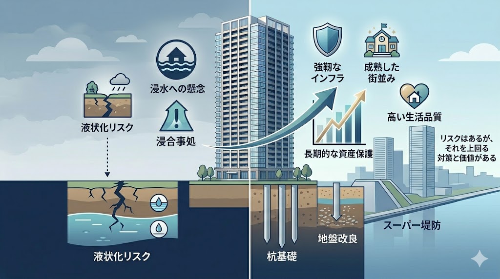 災害リスク（液状化・浸水）への強固なインフラ対策と、街の「暮らしの価値」を対比させた日本語インフォグラフィック