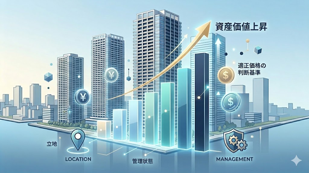 豊洲のマンション相場と資産価値基準（立地・管理）を示す日本語インフォグラフィック