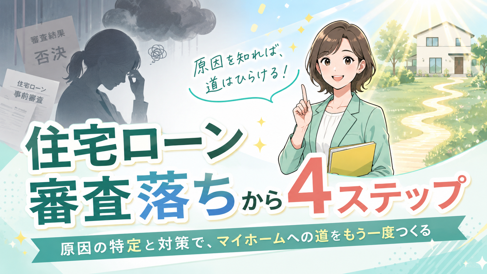 住宅ローン審査落ちから復活する4ステップを示す明るいアイキャッチ画像