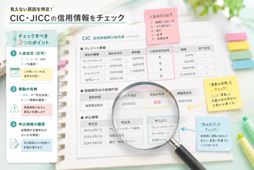 信用情報報告書を虫眼鏡と付箋で確認するインフォグラフィック