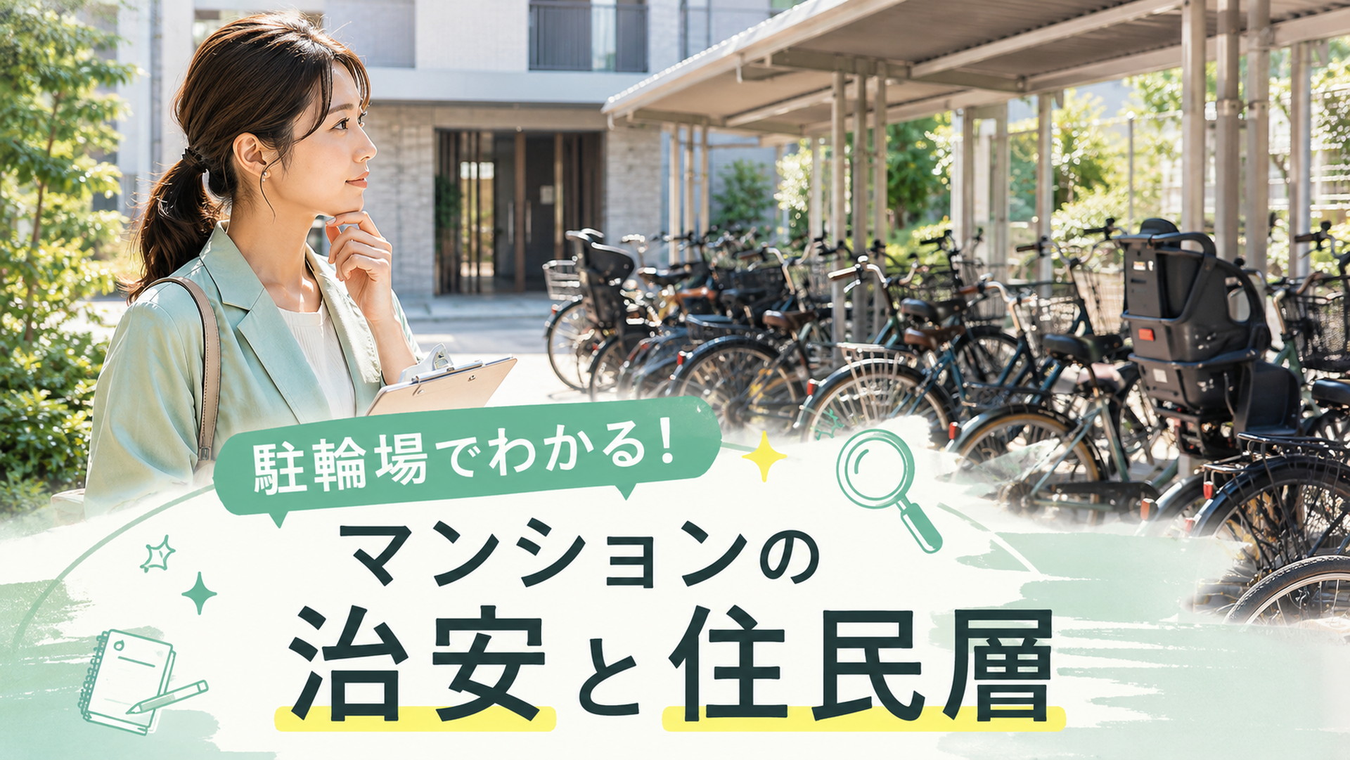 清潔なマンション駐輪場を観察する知的な女性キャラクターと、駐輪場で治安や住民層を見極める記事タイトル