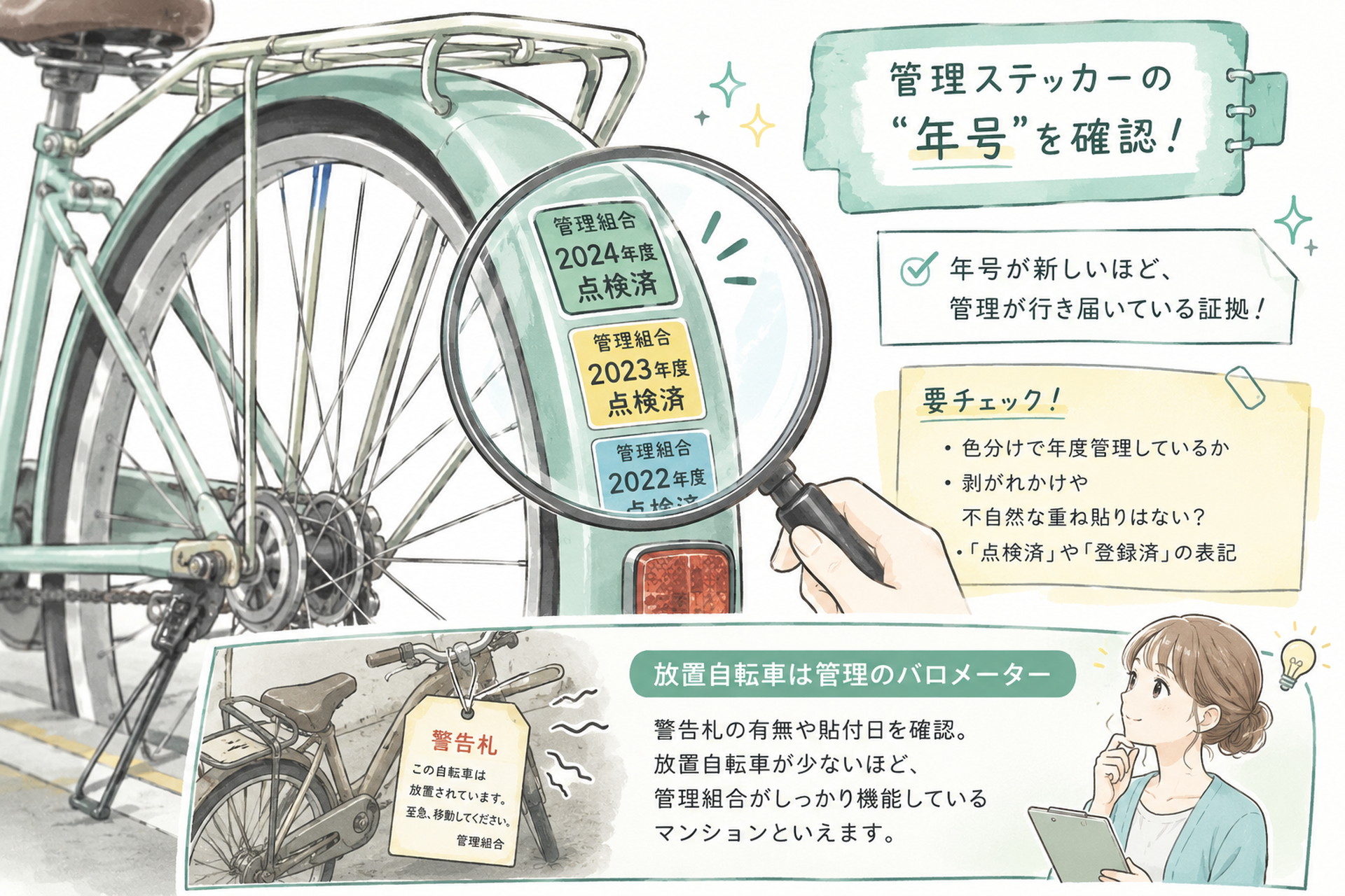 自転車の車輪付近に貼られた管理ステッカーを虫眼鏡で確認するイラスト