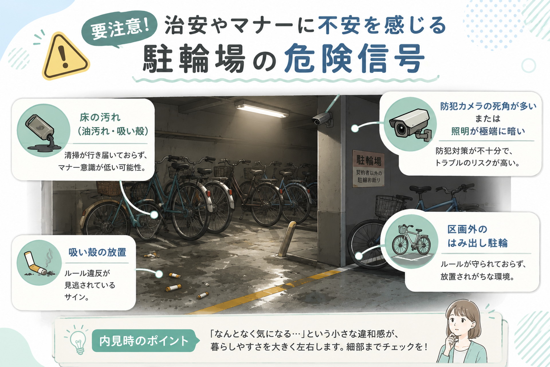 薄暗さや汚れ、はみ出し駐輪など駐輪場の危険信号を示すフラットデザイン