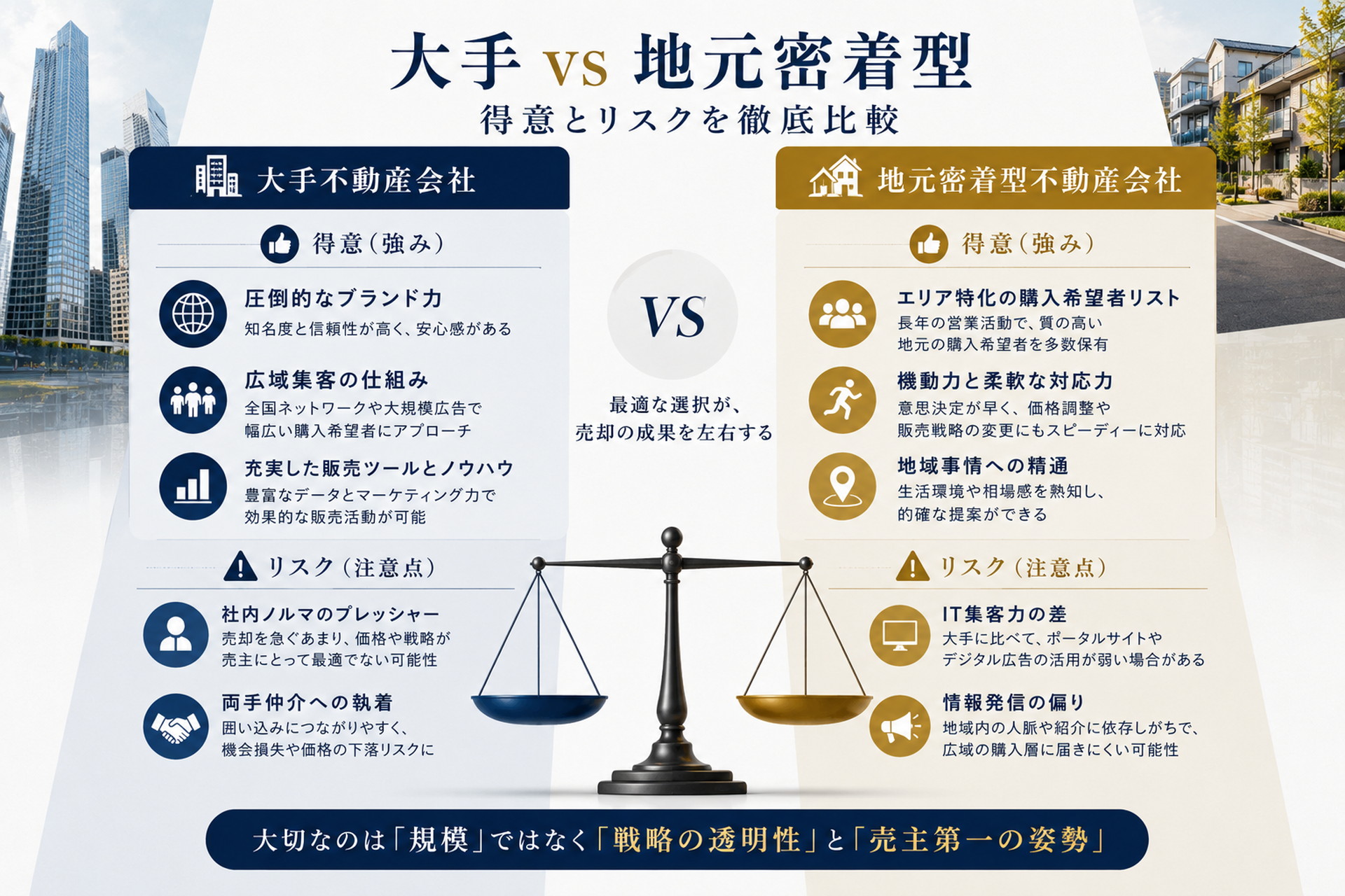 大手不動産会社と地元密着型会社の強みとリスクを比較する洗練された図解