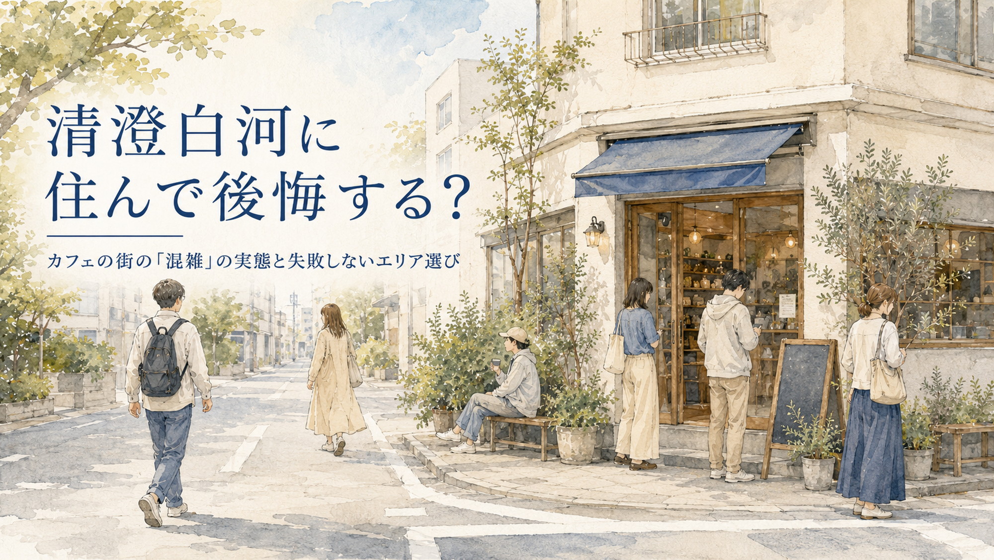 清澄白河のカフェ前に並ぶ人々と街角の混雑を表したアイキャッチ