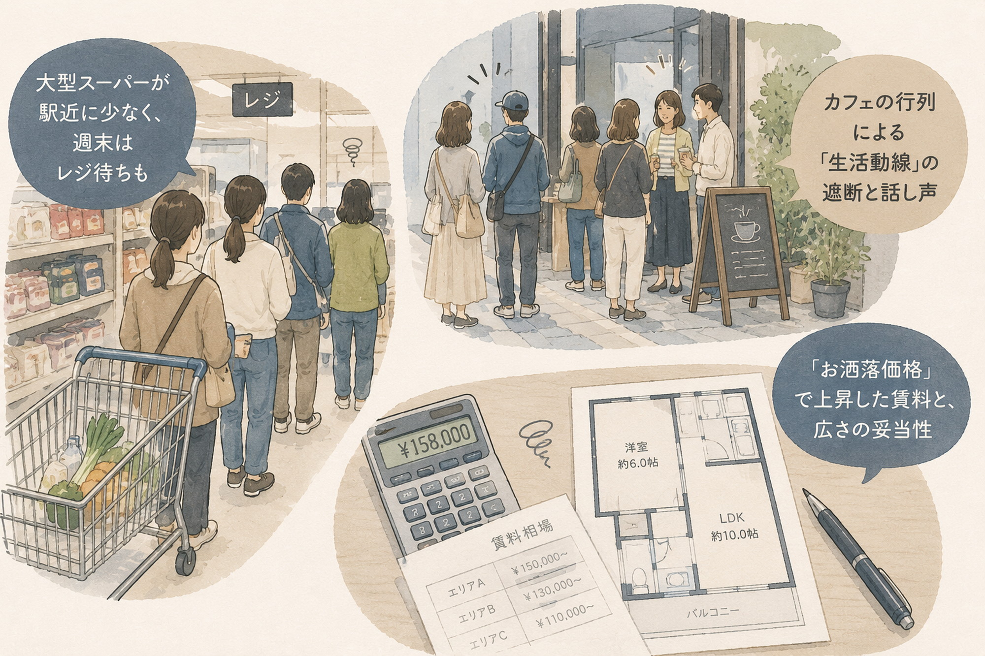 清澄白河暮らしのデメリットを示すスーパーの行列と家計メモのイラスト