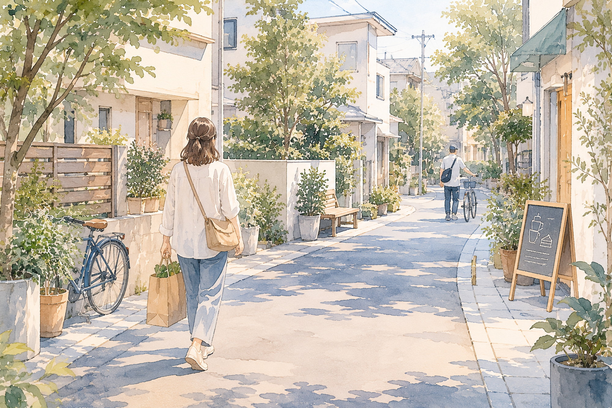 静かに暮らせる穴場エリアをイメージした落ち着いた住宅街のイラスト
