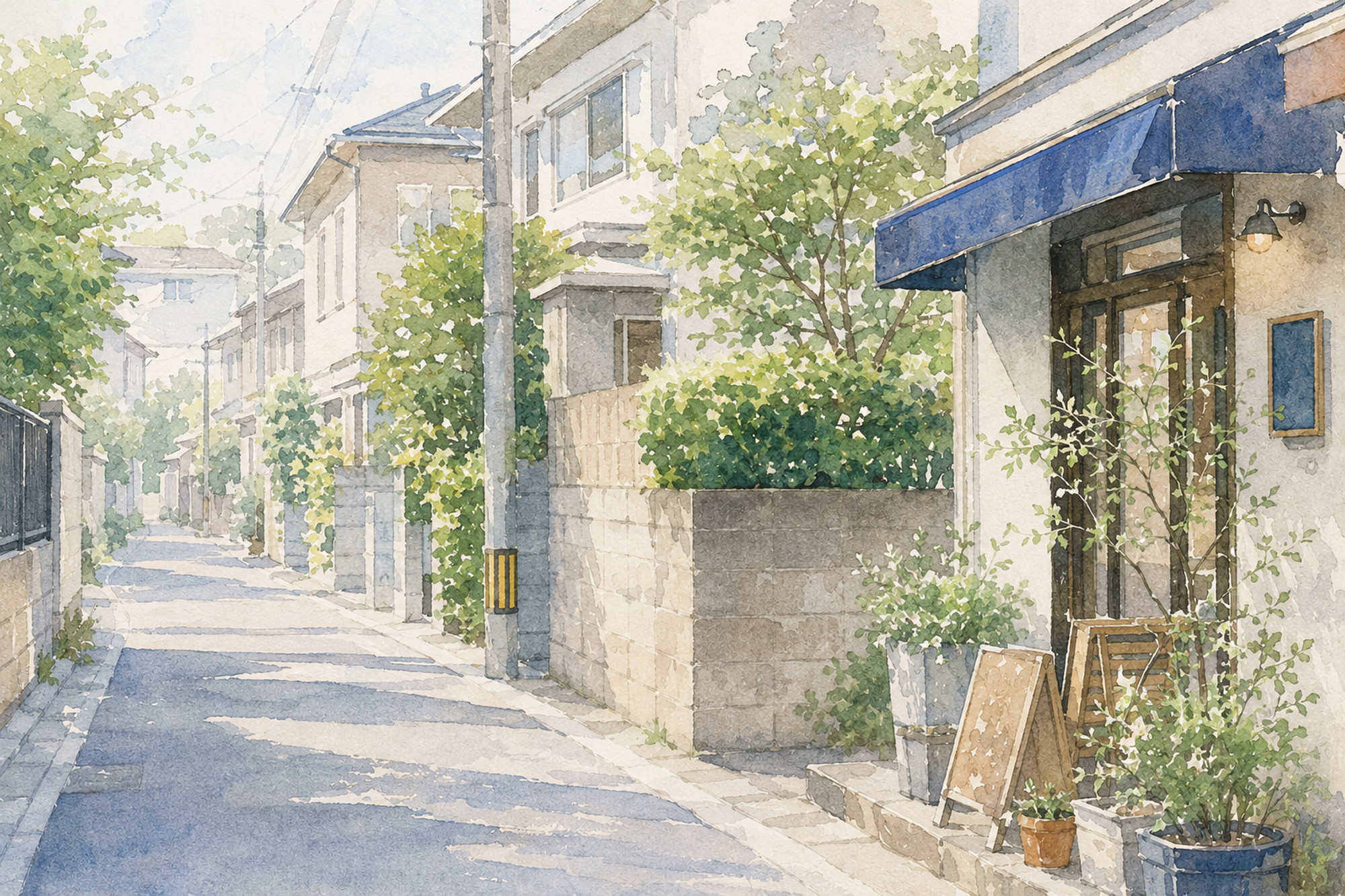「清澄白河以外の落ち着いた暮らしの選択肢を示す公園と商店街のイメージイラスト