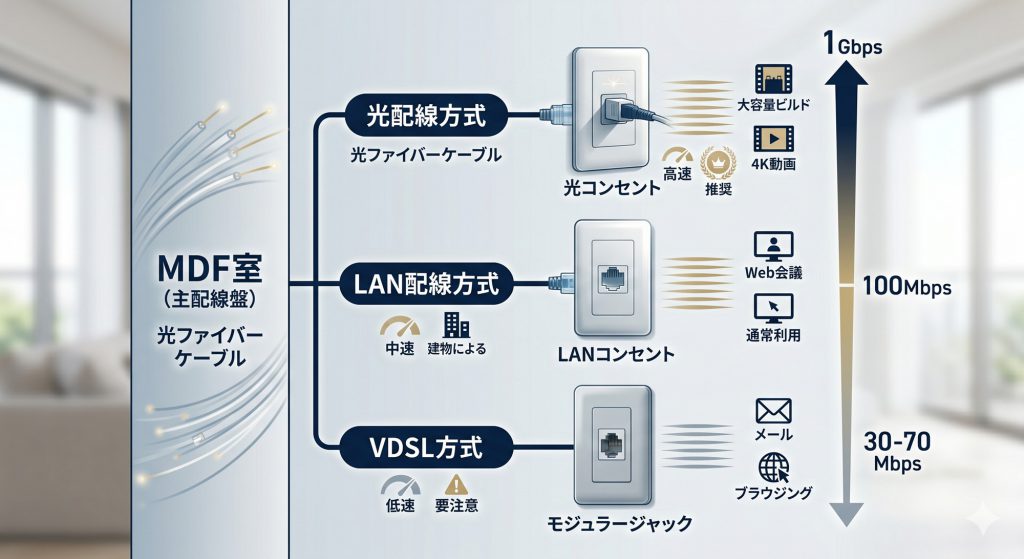 MDF室から各戸へのVDSL方式、LAN配線方式、光配線方式の構造と速度差の図解