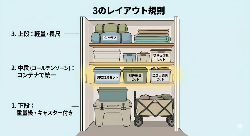 マンションのSICでキャンプ道具を重量別・頻度別に縦積みレイアウトした図解イラスト