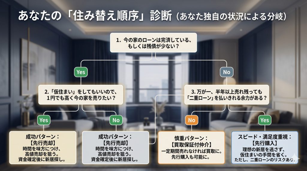 【図解】ローン残債や手元資金から判断する、あなたに最適な住み替え順序（先行売却か先行購入か）の診断フローチャート