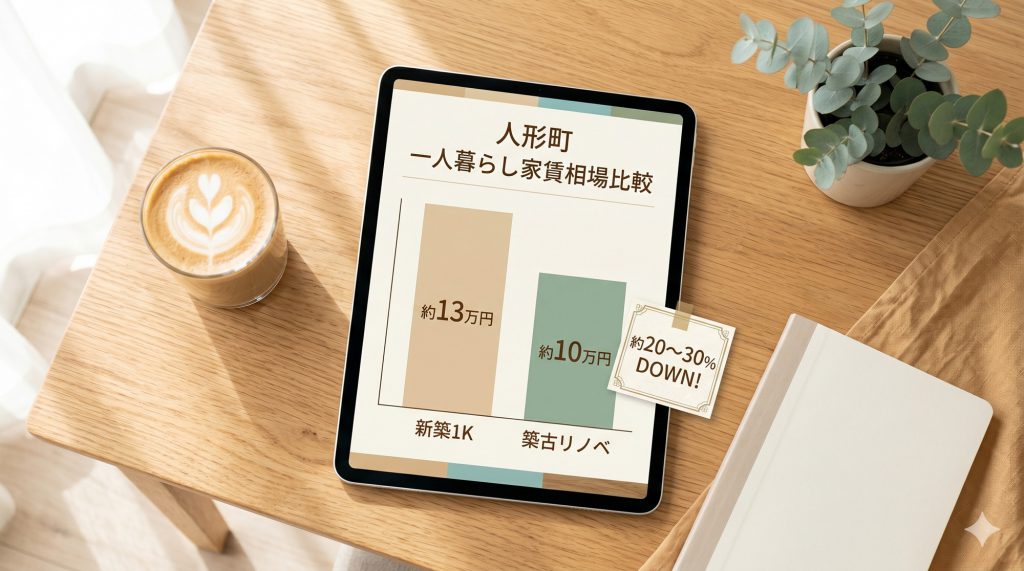人形町エリアにおける新築物件と築古リノベーション物件の一人暮らし向け家賃相場比較図。リノベ物件が約20〜30%安いことを視覚的に示している