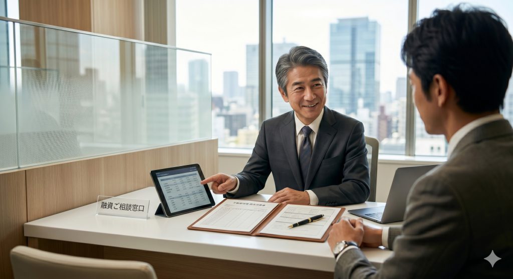 银行の融資窓口で、決算書をもとに真剣に相談する不動産オーナー（シルエット）と銀行員。