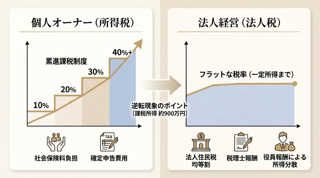 個人と法人の税率構造を比較した、クリーンなインフォグラフィック