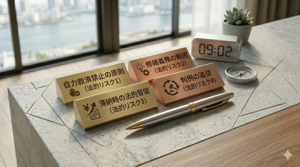法的リスクのカテゴリーを象徴する物理的なデスクツール。自力救済禁止、修繕義務の重り