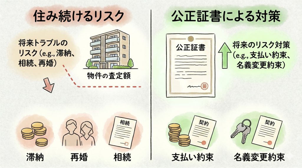 離婚後に住宅を売却せず一方が住み続ける際のリスク（滞納、再婚、相続）と、公正証書による対策（支払い・名義変更の約束）を分かりやすく解説した手描きイラスト風図解。
