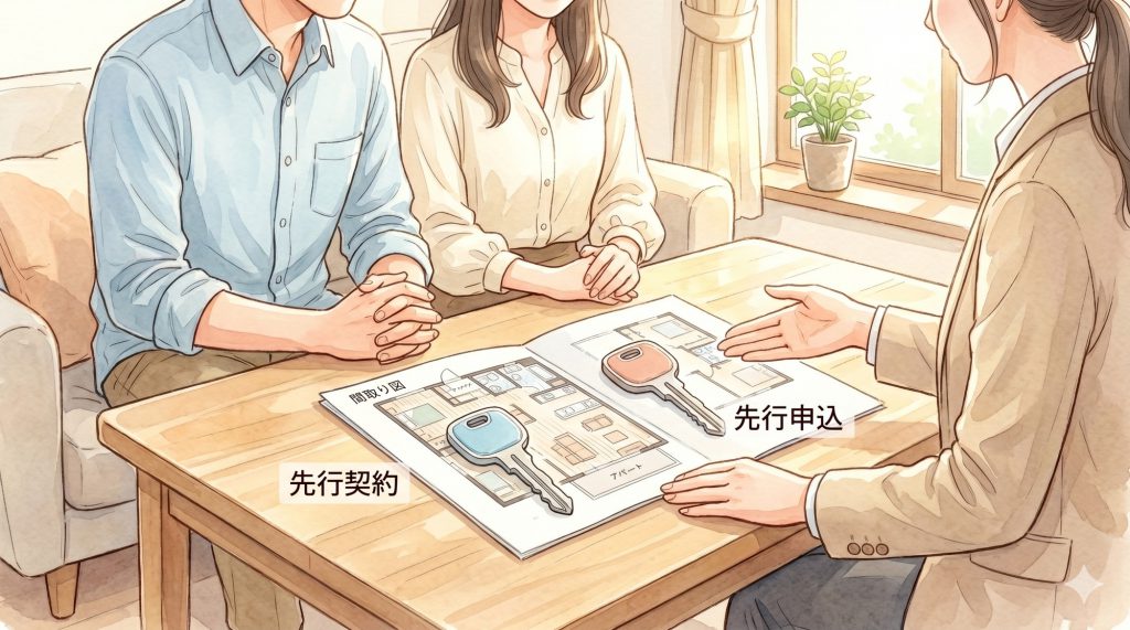 理想のお部屋の図面を前に、2つの選択肢（カギ）を見比べるカップルとスタッフのイメージイラスト