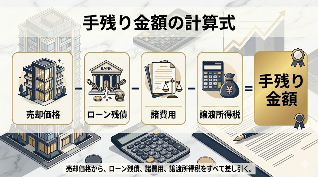 マンション売却の手残り金額の計算式を図解したインフォグラフィック