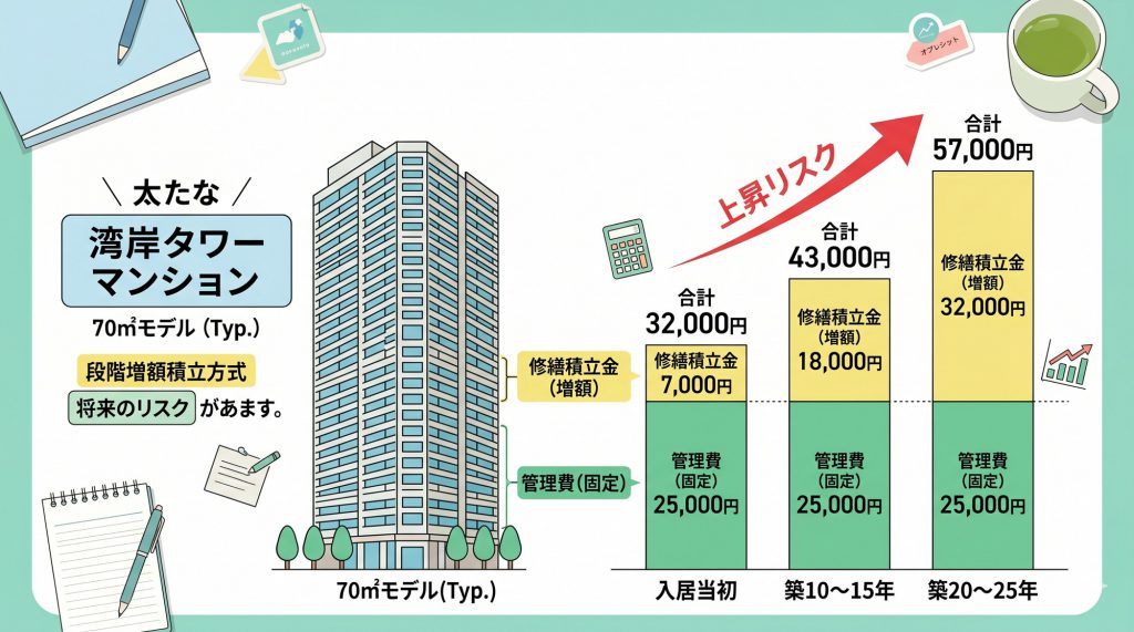 1つの湾岸タワマン（70㎡モデル）の築年数による維持費構成（管理費・修繕積立金）の変化と上昇リスクを示す図解