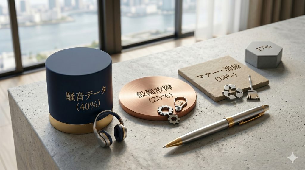 賃貸経営のトラブルデータを洗練された物理オブジェクトで可視化したデスク風景。騒音、設備、マナーの比率とプロの万年筆