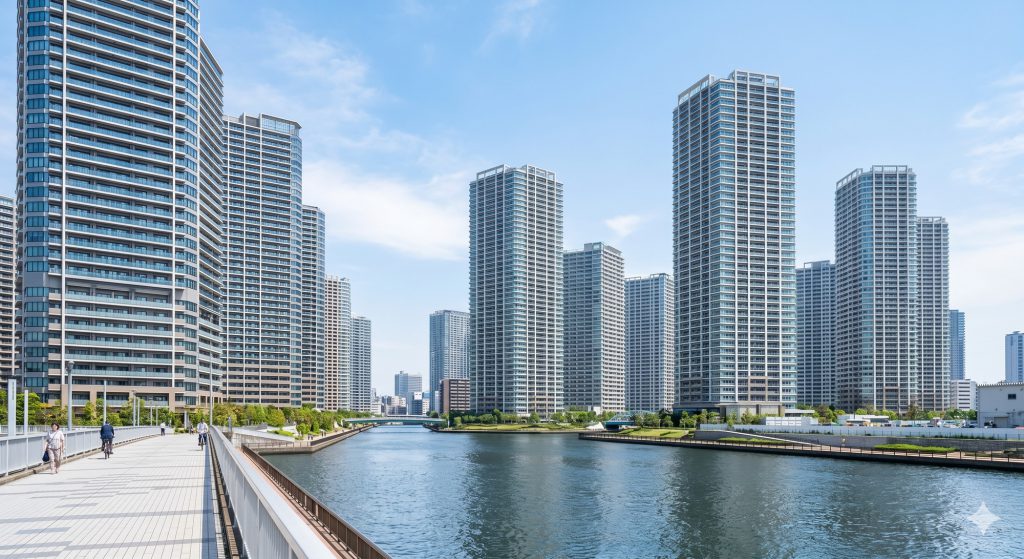 晴海運河を挟んで並び立つ勝どきと晴海エリアのタワーマンション群（2026年の供給増を象徴）