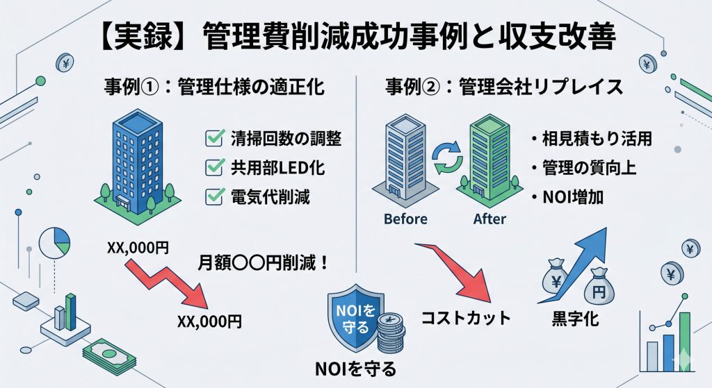 マンション管理費削減の成功事例インフォグラフィック。仕様適正化とリプレイスの効果