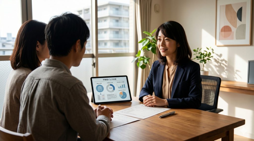 「明るいオフィスで、離婚に伴う不動産売却について真剣に相談に乗る瀬戸美咲（40代女性・宅建士）。