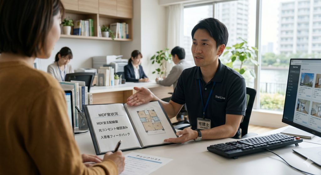 不動産会社の店舗カウンターで、スタッフがタブレットを使い、顧客にマンションのネット設備（MDF室状況など）について説明している様子