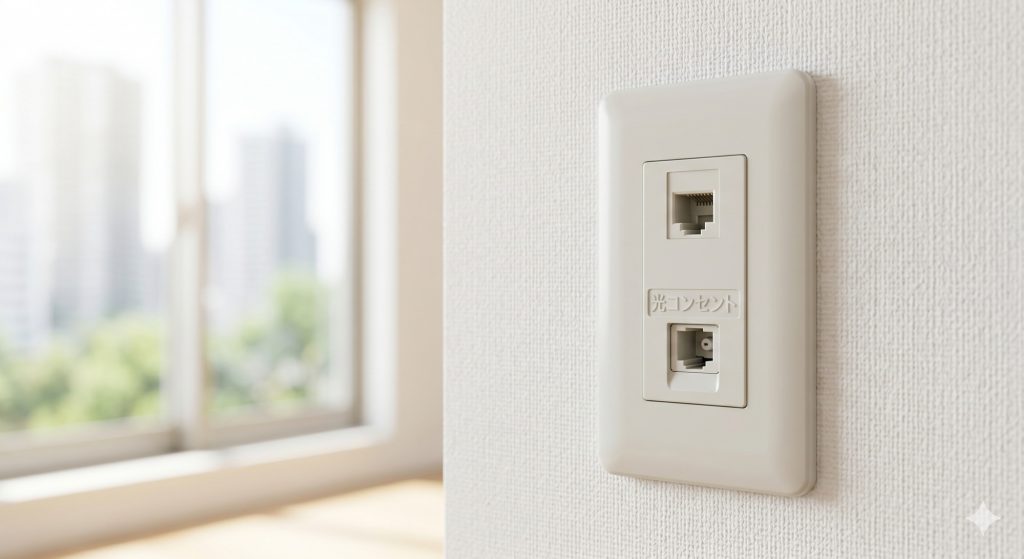 日本のマンションの白壁に設置された、光コンセント（SCコネクタ）と電話線のコンセント