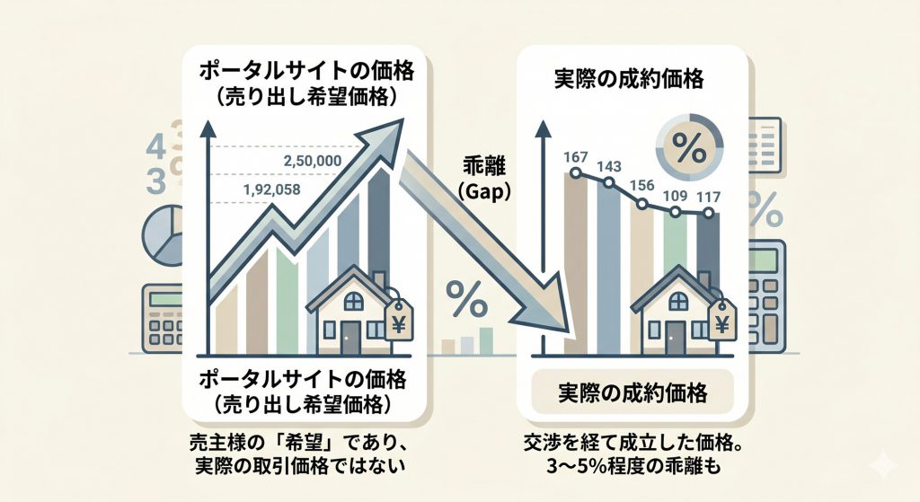 『ポータルサイトの価格（売り出し希望）』と『実際の成約価格』の間に生まれる乖離（Gap）を示すインフォグラフィック