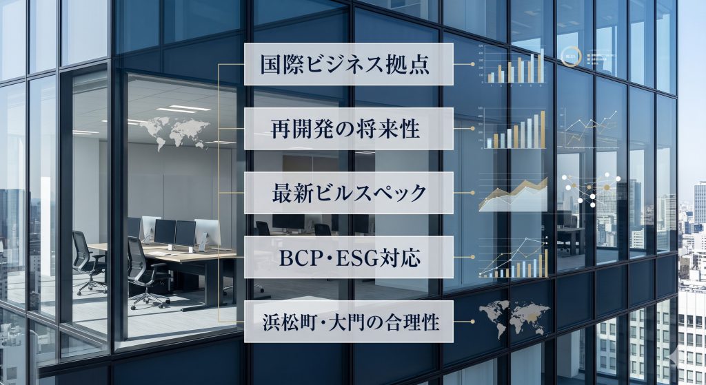 浜松町の将来性を象徴する、ガラス外壁に日本語のキーワードとインフォグラフィックが映り込む未来的なオフィスビルのイメージ。以前の画像は不採用とし、構図とテキストをゼロから設計している。