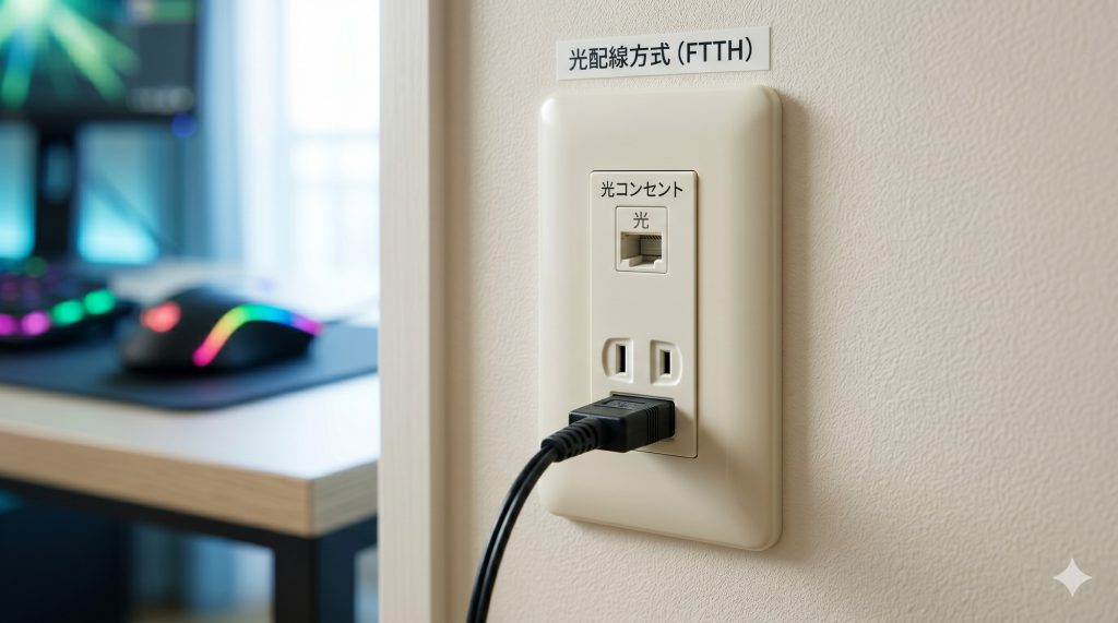 賃貸マンションの壁面に設置された『光』の文字がある光コンセント（光配線方式）のクローズアップ