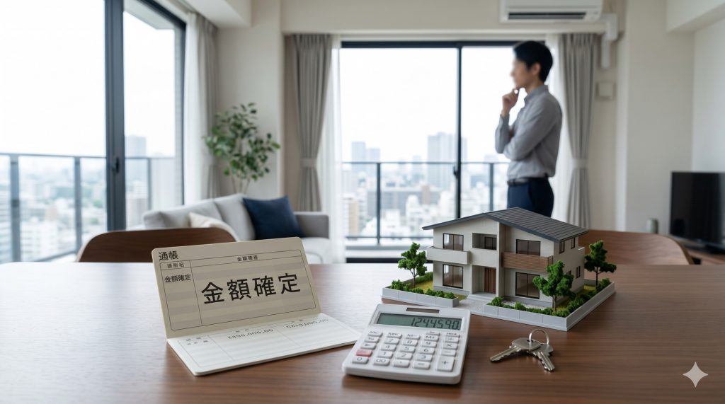 先行売却のメリット（資金確定）をイメージした、家の模型と計算機、残高が記された通帳のクリーンな写真