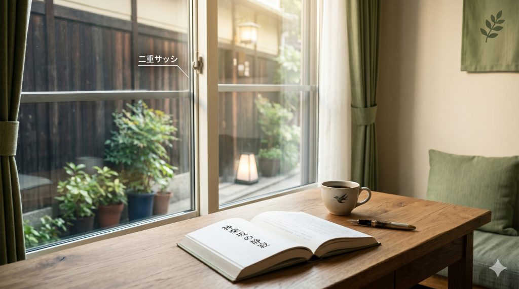 神楽坂の落ち着いたマンションの室内。二重サッシの窓越しに路地裏の緑が見える、静かで洗練された暮らしのイメージ