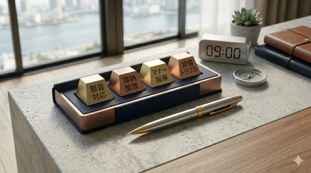 トラブル発生時の正確な対応を表す、物理的なデスクツール。騒音、滞納、マナー、設備のカテゴリー分けされた重り
