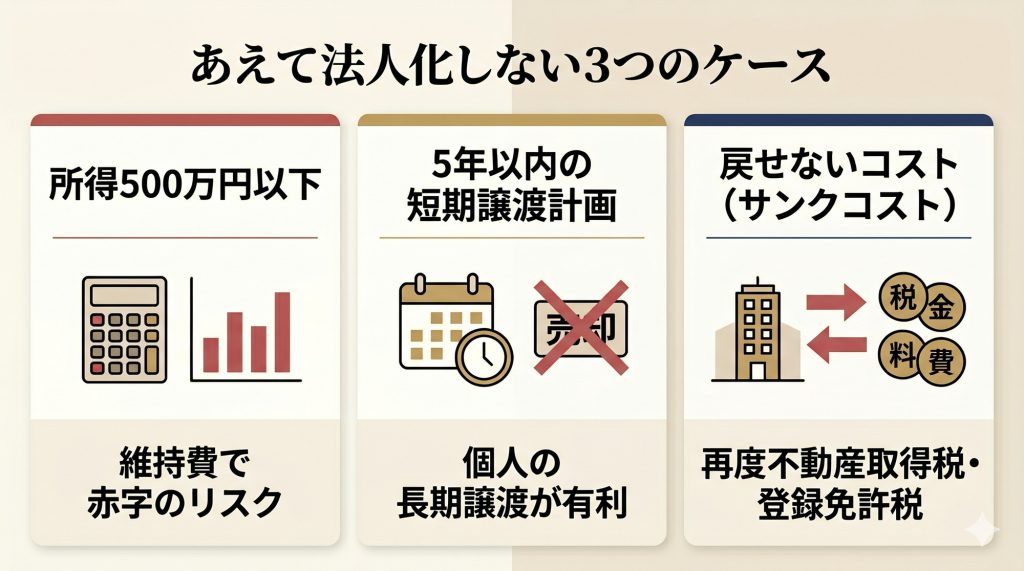 法人化しない方がいいケース（所得、短期譲渡、コスト）を整理した、注意喚起のインフォグラフィック
