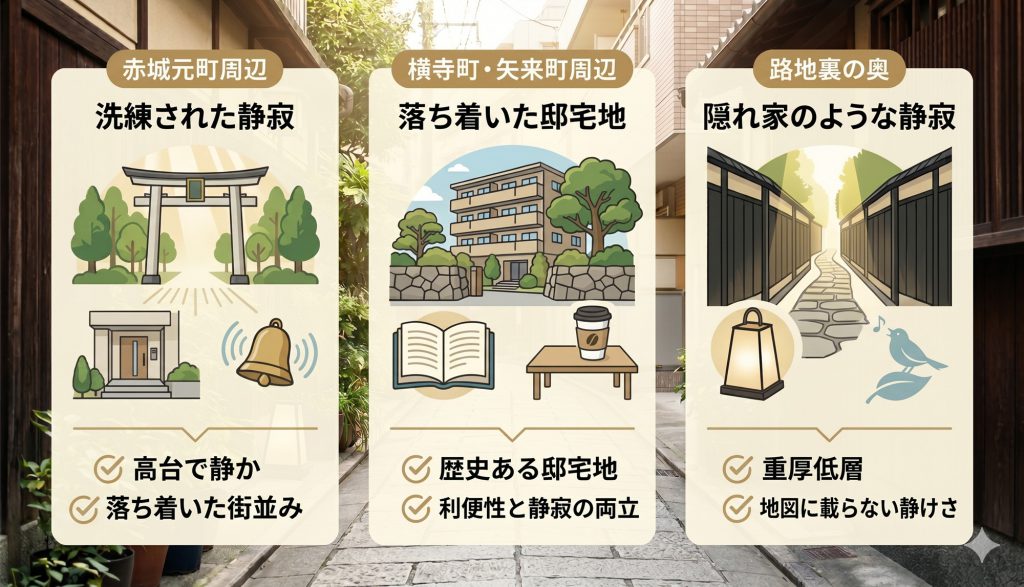 神楽坂の異なる『静けさの質』を表現したインフォグラフィック（修正版2）。赤城元町、横寺町・矢来町、路地裏の奥を正しい日本語テキスト、漏れのないチェックマーク、そしてQ&Aアイコンの代わりに小鳥のアイコンで解説