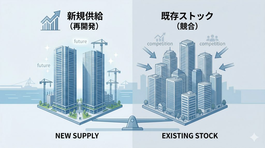 港区浜松町・芝浦エリアのタワーマンション供給バランスと競合リスクの図解インフォグラフィック