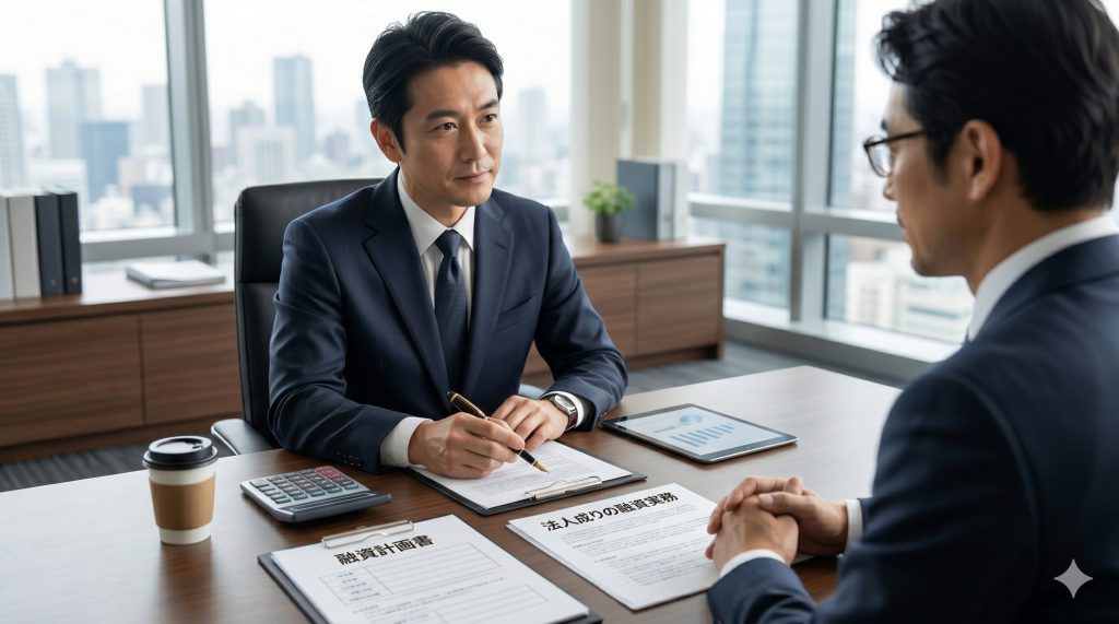 信頼感のある銀行の相談窓口で、銀行員と商談する不動産オーナーの風景