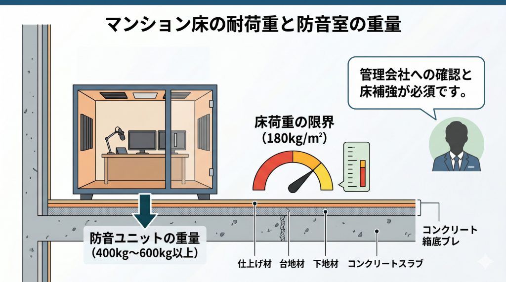 マンション床の耐荷重構造と防音室の重量を比較解説したインフォグラフィック。床荷重の限界（180kg/m2）を示す赤いゲージと、防音ユニットの重量（400kg〜）を示す青いゲージが描かれているテクニカルイラスト。スタートラインの真壁晃大スタッフ（シルエット）の解説付き。