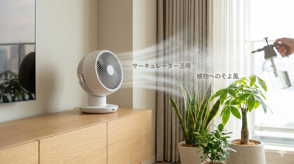 木目調のキャビネットの上に置かれた、コンパクトな白いサーキュレーター。その先にあるサンセベリアやパキラに、わずかに風が当たっている。近くには霧吹きも置かれている。