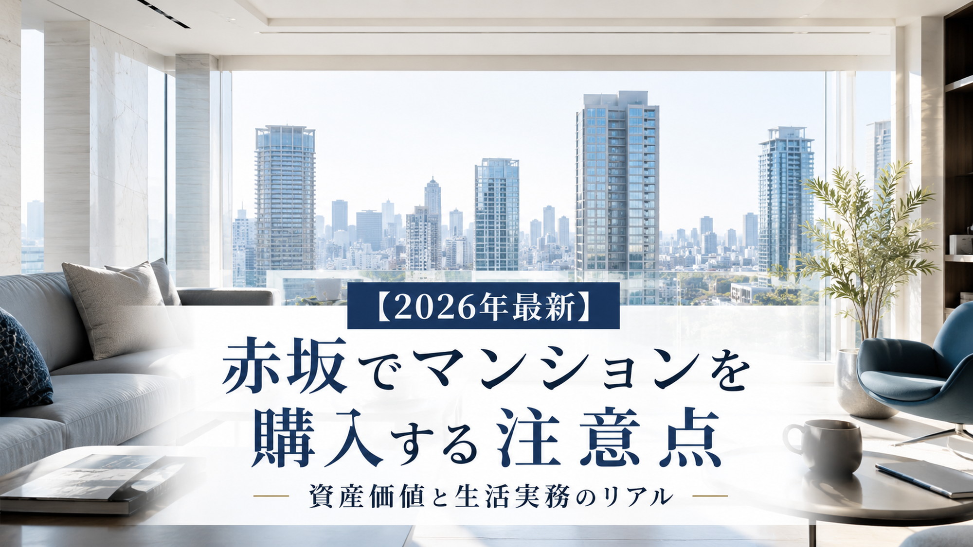 明るい都心ラウンジから抽象的な高層マンション群を望む赤坂マンション購入記事のアイキャッチ