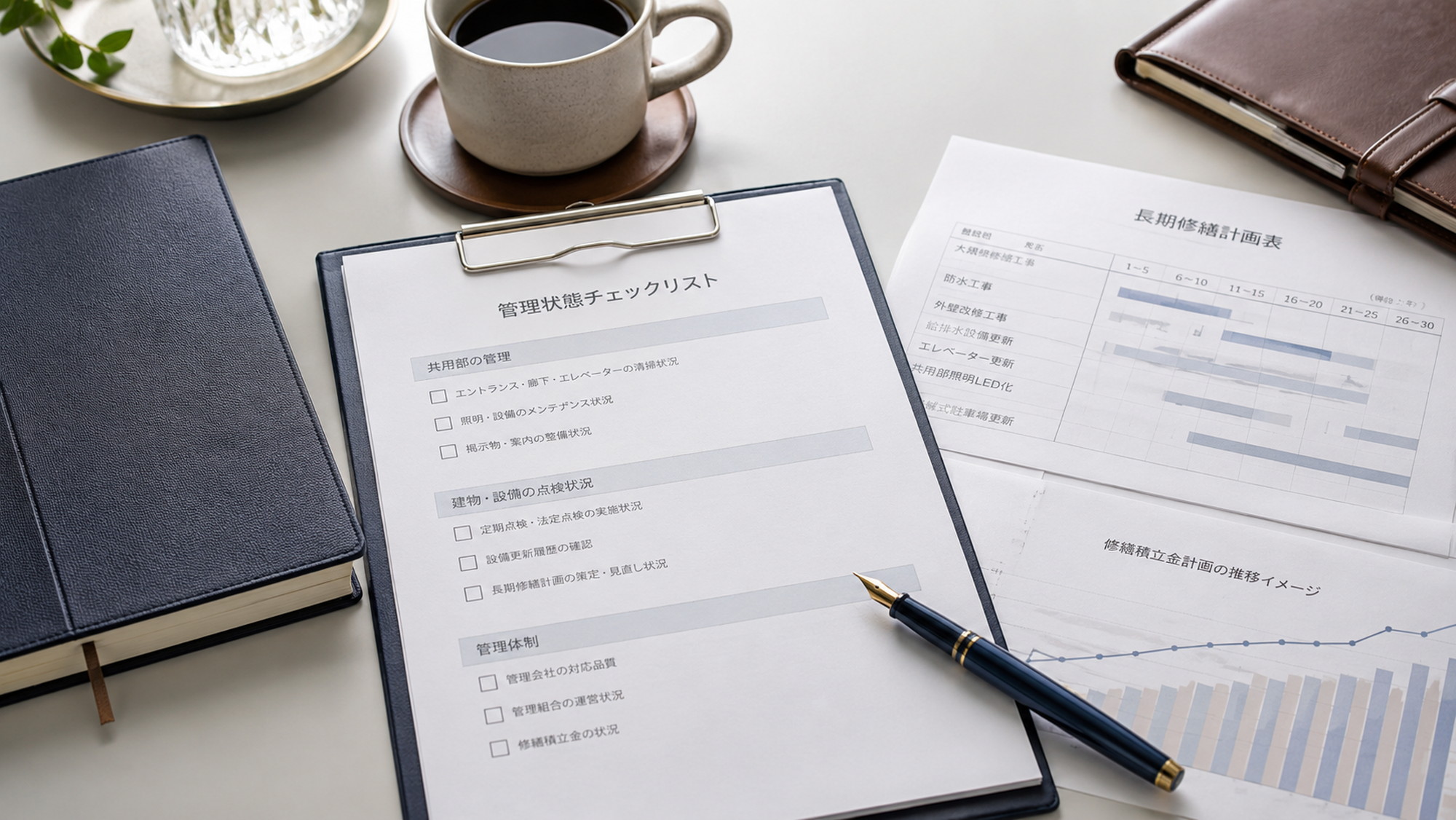 管理状態や修繕計画の確認をイメージさせる上質なデスクと書類のクローズアップ