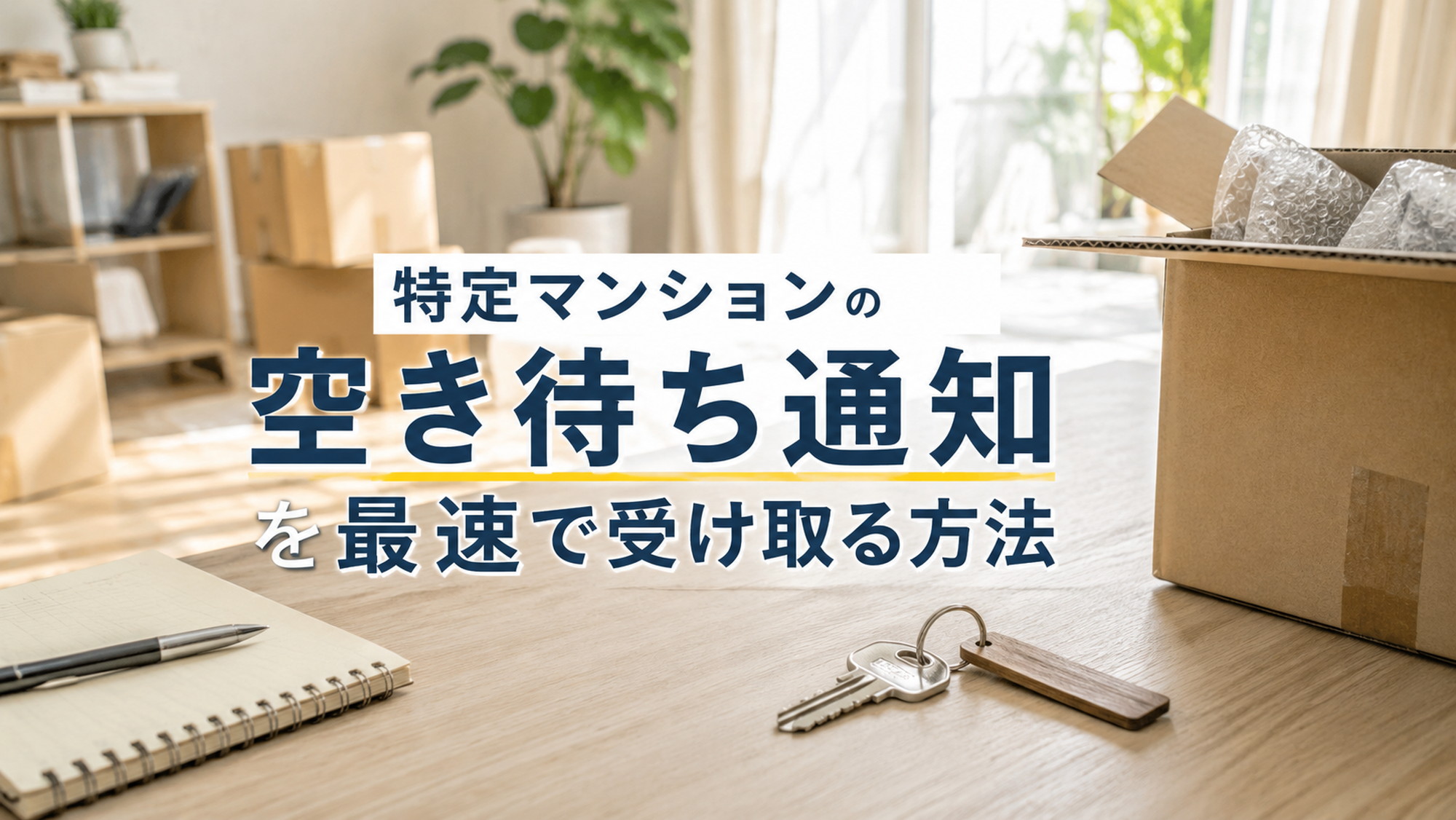 明るい部屋のデスクに置かれた引越し段ボールと鍵
