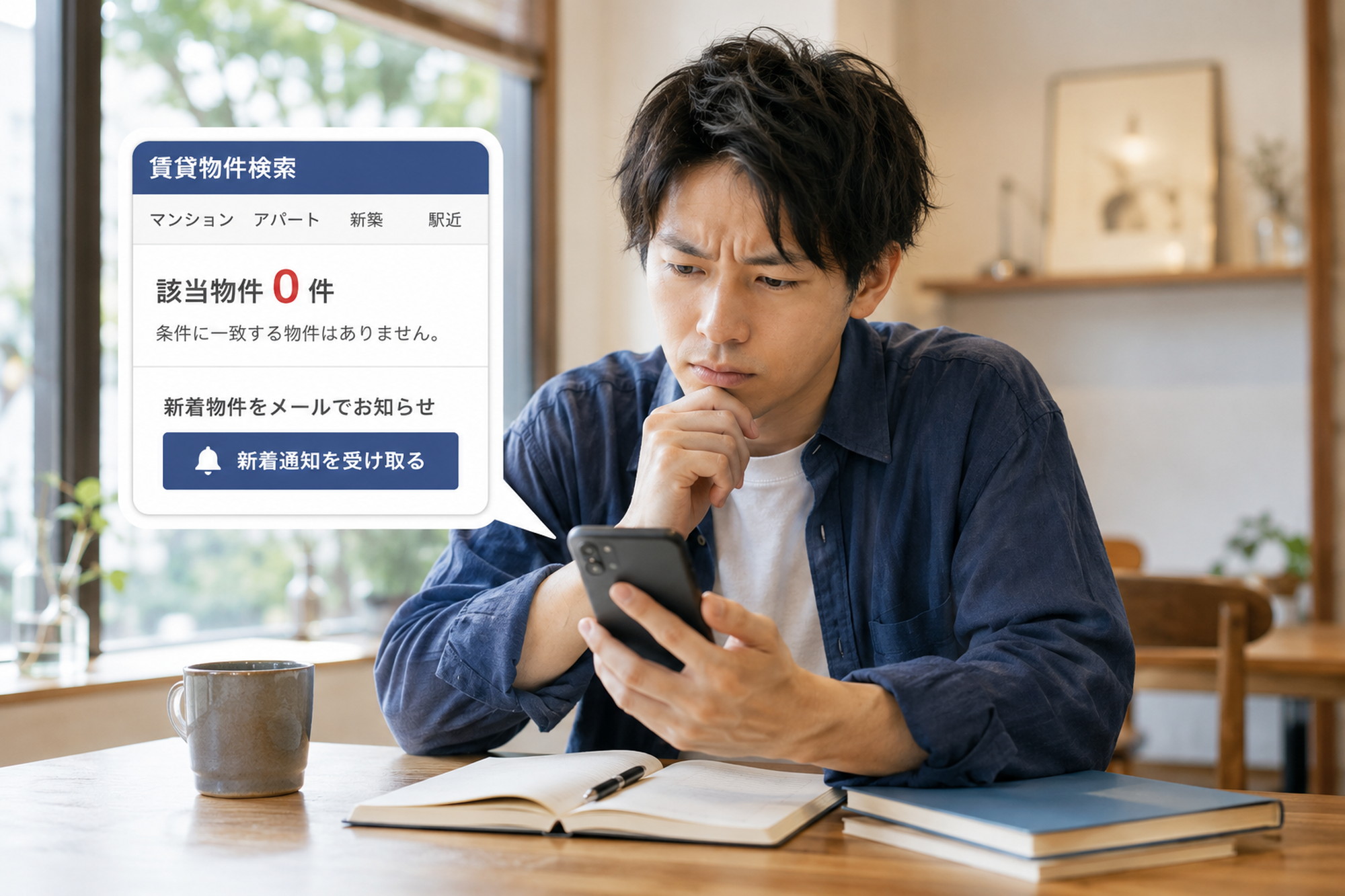「カフェの席でスマートフォンの物件通知画面を確認する男性